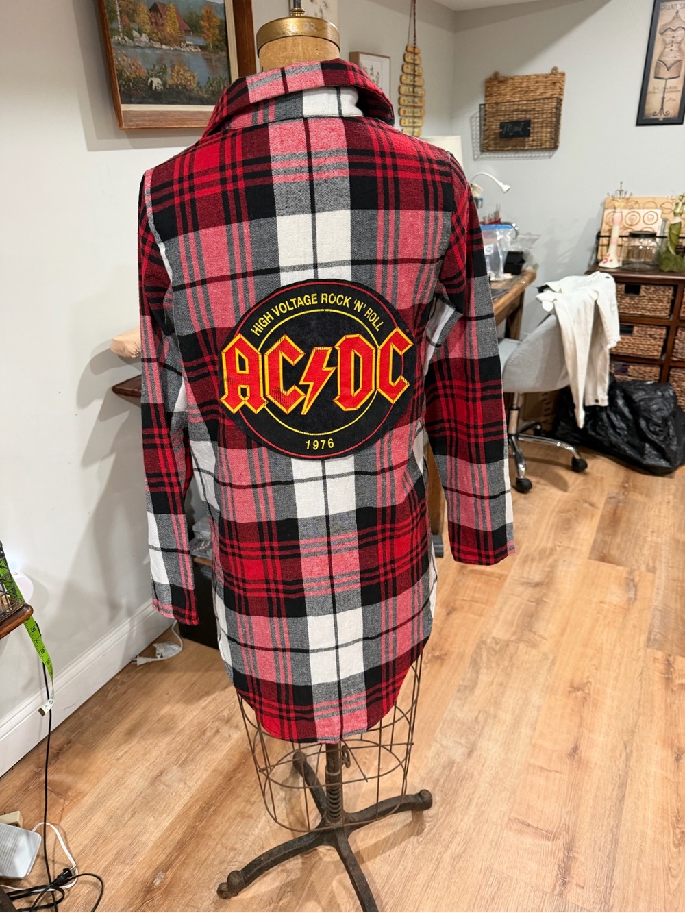 SHEIN Red Black White Plaid Longline Shirt Jacket with AC/DC Patch